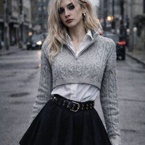 Cotton blend cable knit cropped sweater,  half zipper, by GARAGE